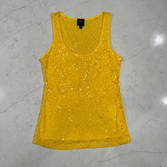 bebe Lace Sequin Tank Top Yellow Women's Large Y2K McBling Floral Clubwear 2000s - Picture 16 of 16